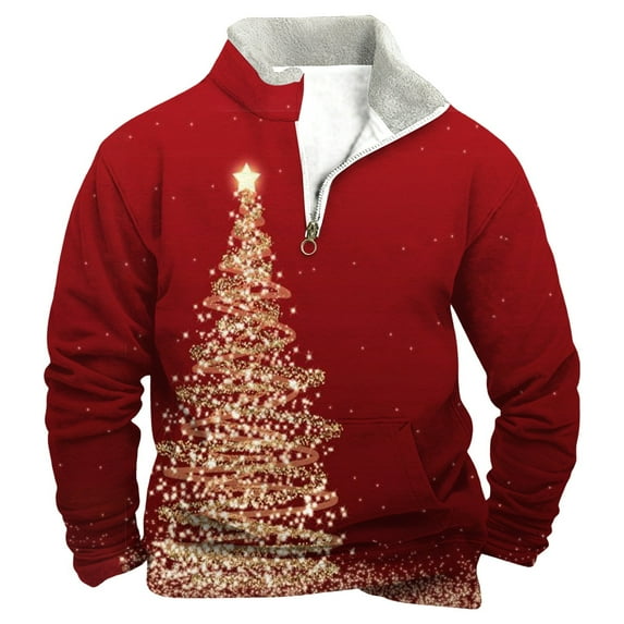 Men's Christmas Sweatshirts Half Zip Long Sleeve Crewneck Pullover Sweater Xmas Gift Winter Athletic Casual Christmas Sweater Men Red 2XL