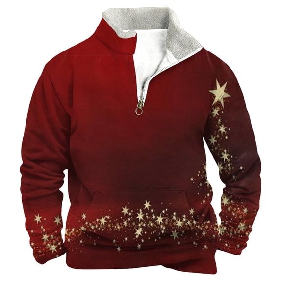 Men's Christmas Sweatshirts Quarter Zip Long Sleeve Crewneck Pullover Sweatshirt Xmas Gift Winter Casual Athletic Christmas Sweater Men Red 2XL