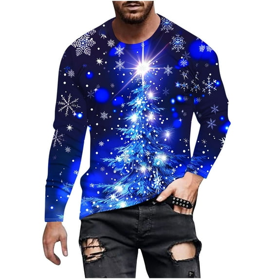 Men's Christmas T Shirts Santa Xmas Tree Print Pullover Crewneck Graphic Tees Ugly Christmas Sweatshirts, Blue 3XL
