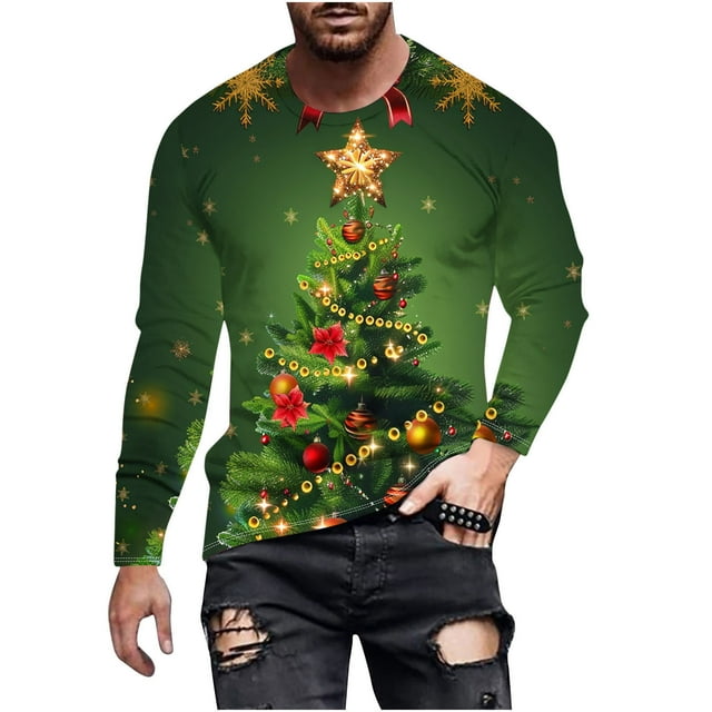 Men's Christmas T Shirts Santa Xmas Tree Print Pullover Crewneck Graphic Tees Ugly Christmas Sweatshirts, Green L