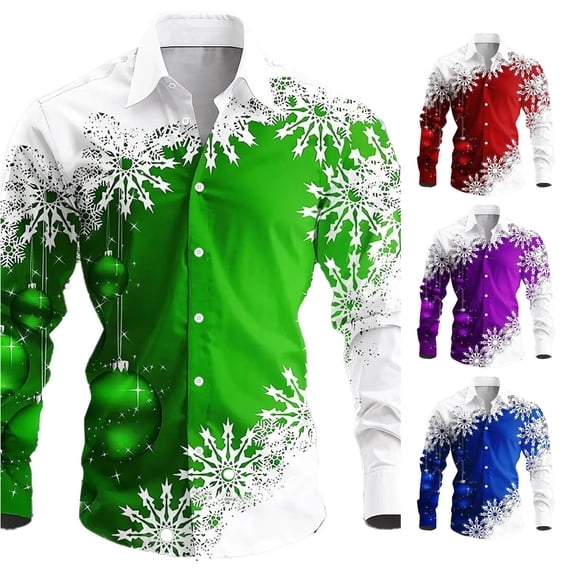 Men's Christmas Themed Print Shirt - All Over Pattern Long Sleeve Lapel Button Up Top