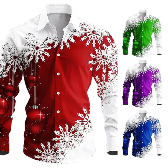 Men's Christmas Themed Print Shirt - All Over Pattern Long Sleeve Lapel Button Up Top