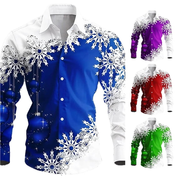 Men's Christmas Themed Print Shirt - All Over Pattern Long Sleeve Lapel Button Up Top