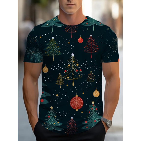 Men's Christmas Tree Pattern T-Shirt, Regular Fit Casual Party Wear, Suitable for Christmas Gatherings, Year-Round Casual Wear - Ideal Men's Gift, Christmas T-Shirt