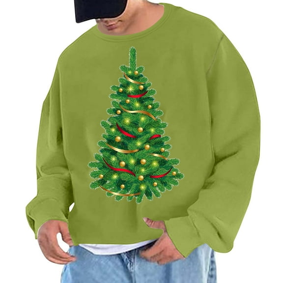 Men's Christmas Tree Print Long Sleeve Tee Shirt Casual Crewneck Pullover Loose Workout Sweatshirts