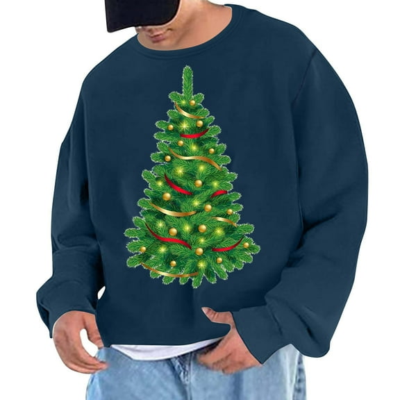 Men's Christmas Tree Print Long Sleeve Tee Shirt Casual Crewneck Pullover Loose Workout Sweatshirts