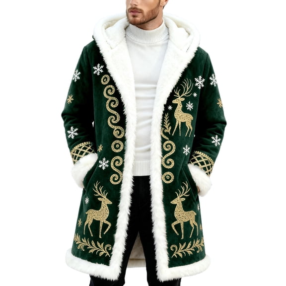Men's Christmas Winter Front Print Edge Cardigan Back Cape Knitwear With No Fasteners Dark Green 2XL