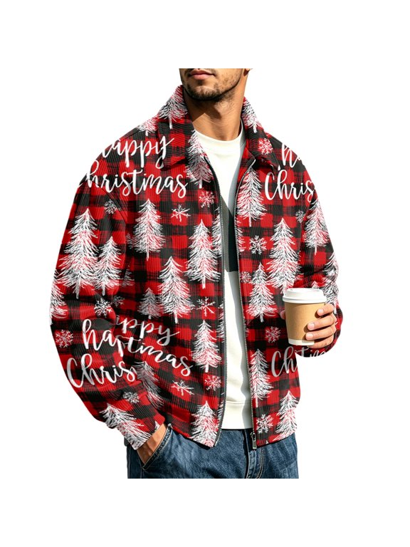Men's Christmas Zip Up Jacket Long Sleeve Xmas Funny Print Jacket Funny Relaxed Fit Full Zip Sweater Jacket for Christmas Gifts Coats