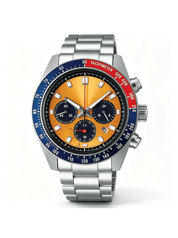 Mens Chronograph Quartz Watch, Blue Red Tachymeter Bezel, Stainless Steel Band Sports Wristwatch