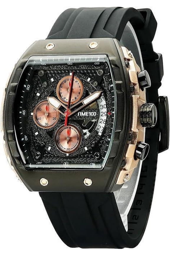 Men's Chronograph Skeleton Square Face Watch, Luminous, Punk Style Silicone Strap