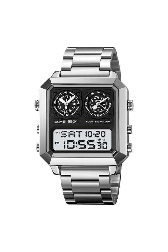 Men's Chronograph Watch Square Case - Analog Digital Display, Heavy Duty Stainless Steel Look, Waterproof Sport Watch with Date