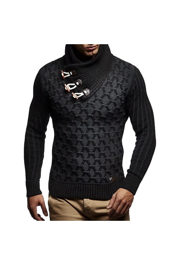 Men's Chunky Knit Sweater with Asymmetrical High Neck, Toggle Button Pullover