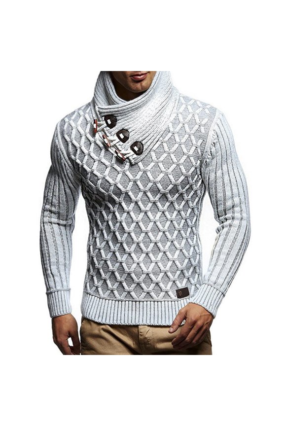 Men's Chunky Knit Sweater with Asymmetrical High Neck, Toggle Button Pullover