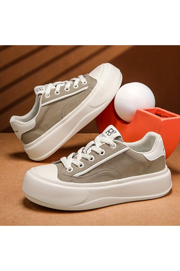 Men's Chunky Platform Sneakers - Beige & White Lace-Up Shoes with Cushioned EVA Sole, Breathable Canvas Upper - All-Season Casual, Gym, Everyday Shoes - Durable & Easy-Clean Design for Men, Gym Ready