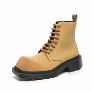 Mens Chunky Square-Toe Combat Boots, Faux Leather Platform Ankle Boots, Non-Slip Casual Work Boots for Fall Winter, Black/Tan