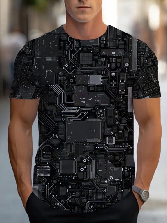 Men’s Circuit Board Graphic T-Shirt, Black Tech PCB Print Tee, Geek Cyberpunk Style Short Sleeve Crew Neck Shirt