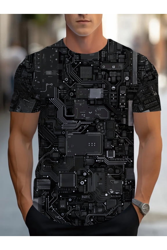 Men’s Circuit Board Graphic T-Shirt, Black Tech PCB Print Tee, Geek Cyberpunk Style Short Sleeve Crew Neck Shirt