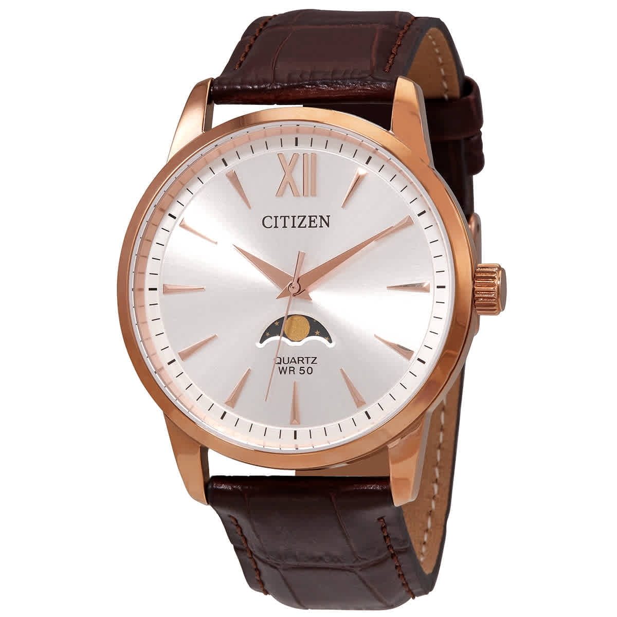 Men's Citizen Moonphase Blue Rose Gold Leather Strap Watch AK5003