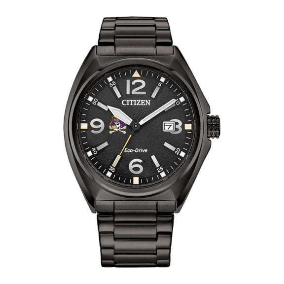 Men's Citizen Watch Black ECU Pirates Eco-Drive Sport Casual Stainless Steel Black Dial Bracelet Watch