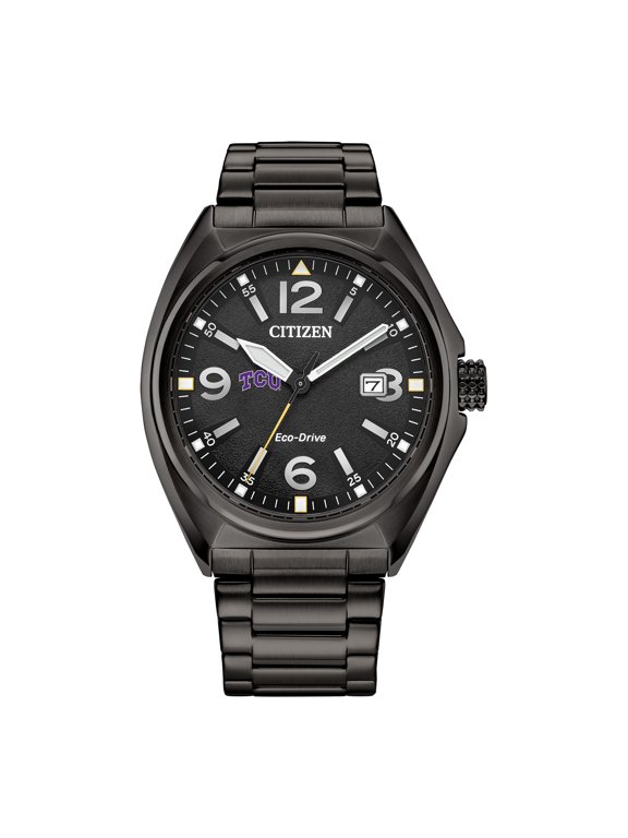 Men's Citizen Watch Black TCU Horned Frogs Eco-Drive Sport Casual Stainless Steel Black Dial Bracelet Watch