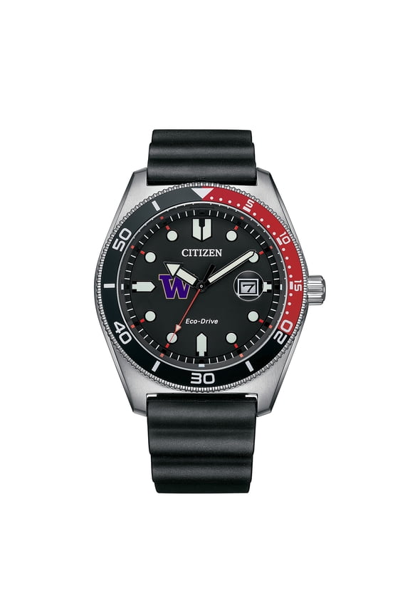 Men's Citizen Watch Black Washington Huskies Eco-Drive Sport Casual Black Dial Watch w/Polyurethane Strap