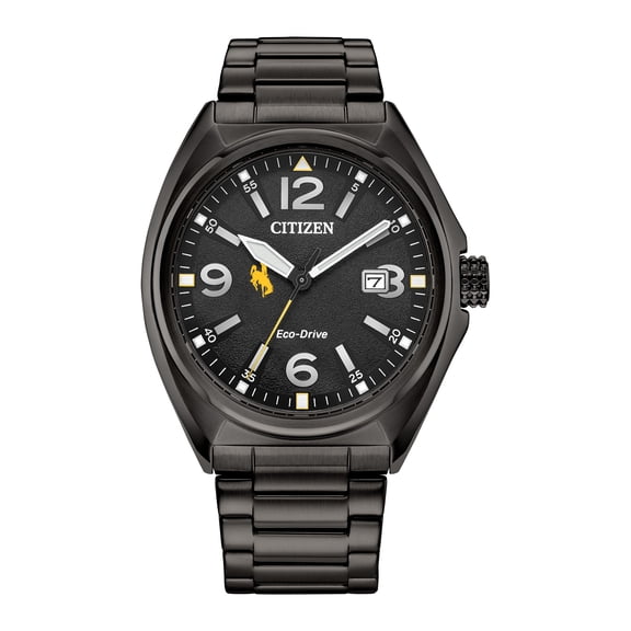 Men's Citizen Watch Black Wyoming Cowboys Eco-Drive Sport Casual Stainless Steel Black Dial Bracelet Watch
