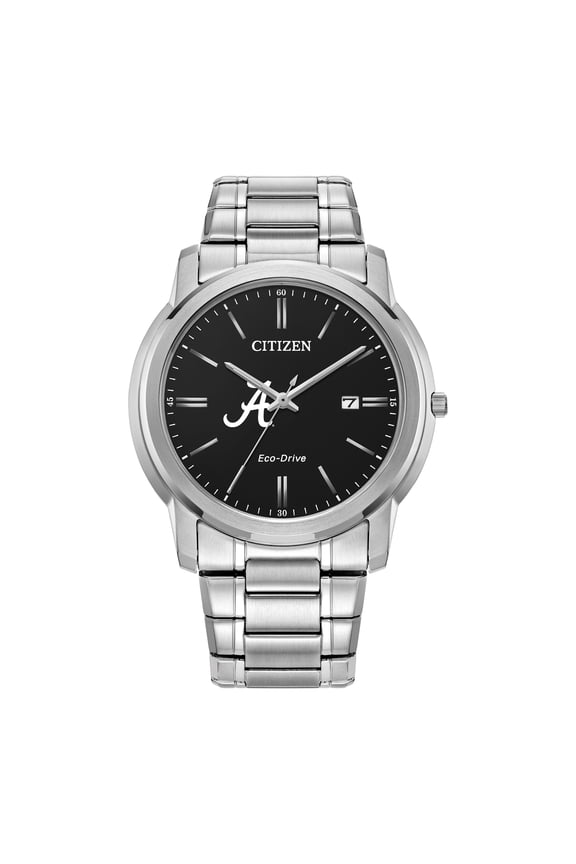 Men's Citizen Watch Silver Alabama Crimson Tide Eco-Drive Black Dial Stainless Steel Watch