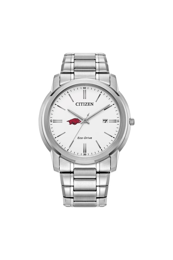 Men's Citizen Watch Silver Arkansas Razorbacks Eco-Drive White Dial Stainless Steel Watch