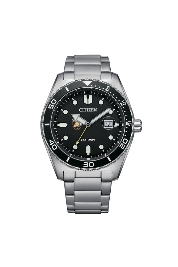 Men's Citizen Watch Silver Army Black Knights Eco-Drive Sport Casual Stainless Black Dial Steel Watch