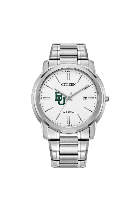 Men's Citizen Watch Silver Baylor Bears Eco-Drive White Dial Stainless Steel Watch