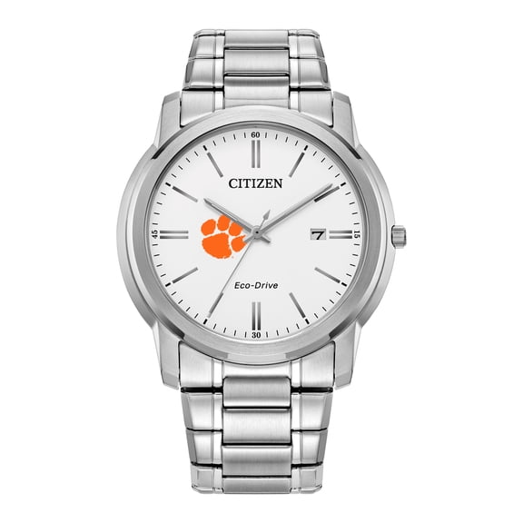 Men's Citizen Watch Silver Clemson Tigers Eco-Drive White Dial Stainless Steel Watch