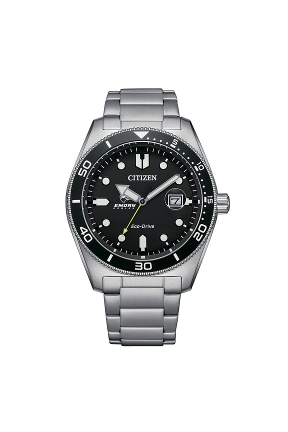 Men's Citizen Watch Silver Emory Eagles Eco-Drive Sport Casual Stainless Black Dial Steel Watch