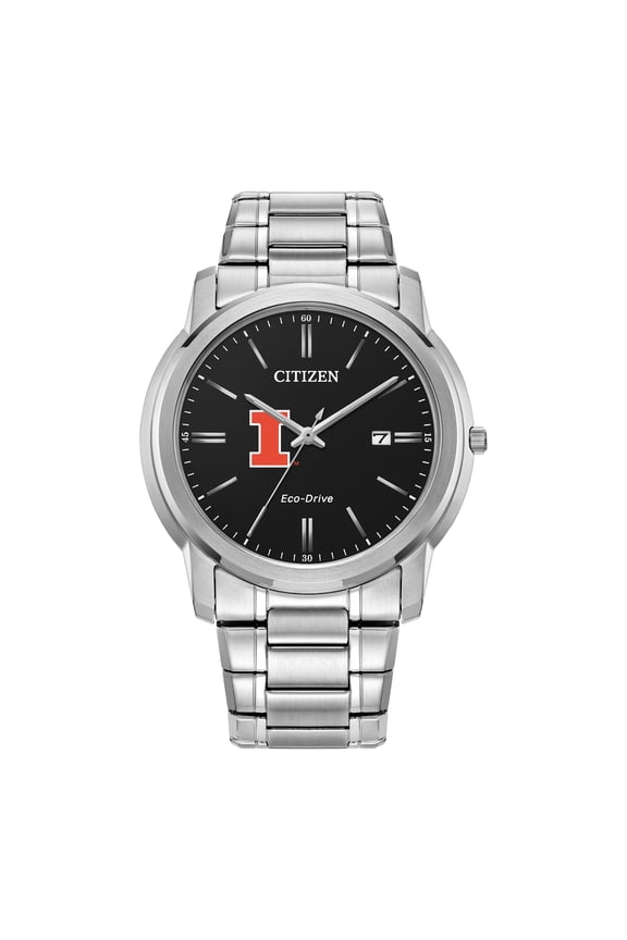 Men's Citizen Watch Silver Illinois Fighting Illini Eco-Drive Black Dial Stainless Steel Watch