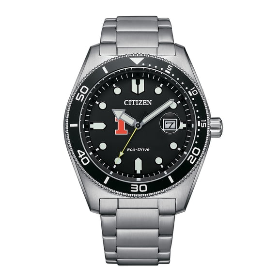 Men's Citizen Watch Silver Illinois Fighting Illini Eco-Drive Sport Casual Stainless Black Dial Steel Watch