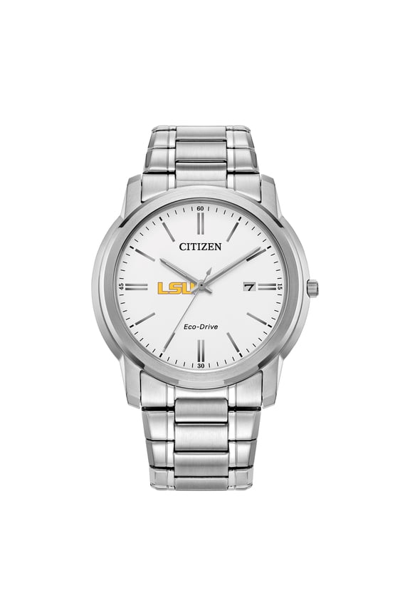 Men's Citizen Watch Silver LSU Tigers Eco-Drive White Dial Stainless Steel Watch
