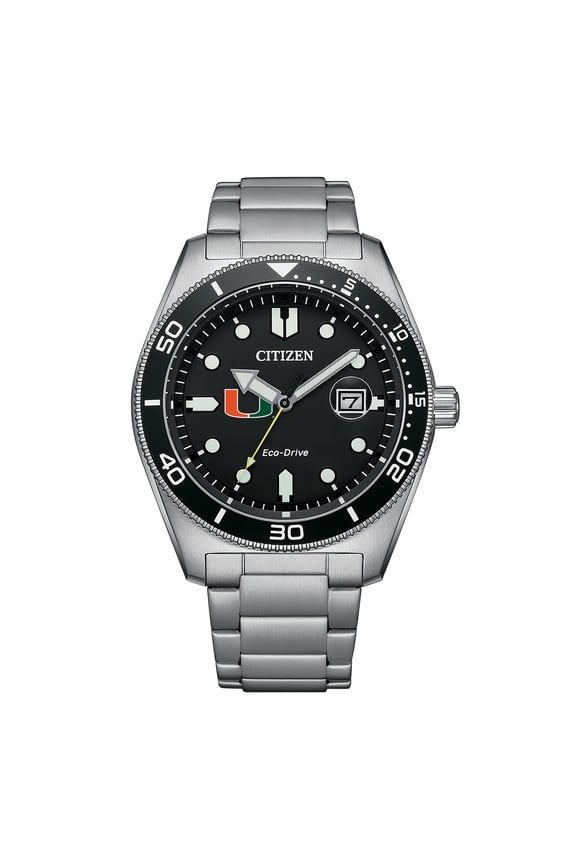 Men's Citizen Watch Silver Miami Hurricanes Eco-Drive Sport Casual Stainless Black Dial Steel Watch