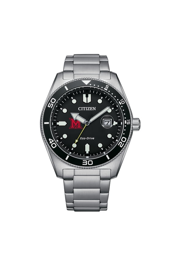 Men's Citizen Watch Silver Miami University RedHawks Eco-Drive Sport Casual Stainless Black Dial Steel Watch