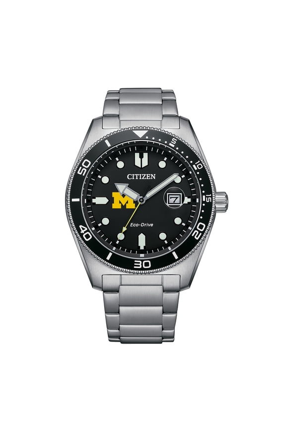 Men's Citizen Watch Silver Michigan Wolverines Eco-Drive Sport Casual Stainless Black Dial Steel Watch