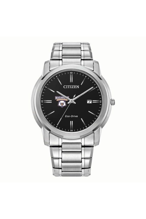 Men's Citizen Watch Silver Nazareth University Golden Flyers Eco-Drive Black Dial Stainless Steel Watch