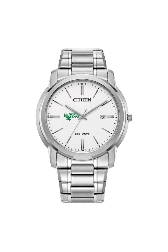 Men's Citizen Watch Silver North Texas Mean Green Eco-Drive White Dial Stainless Steel Watch