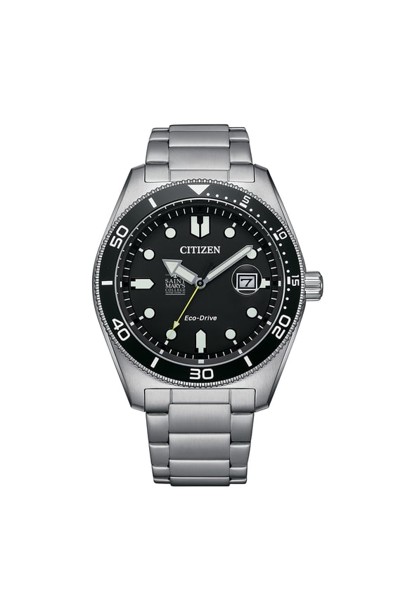 Men's Citizen Watch Silver Saint Mary's Belles Eco-Drive Sport Casual Stainless Black Dial Steel Watch