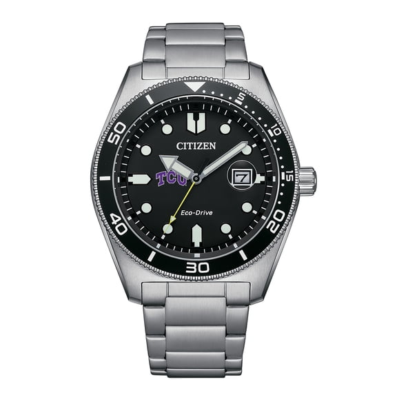 Men's Citizen Watch Silver TCU Horned Frogs Eco-Drive Sport Casual Stainless Black Dial Steel Watch