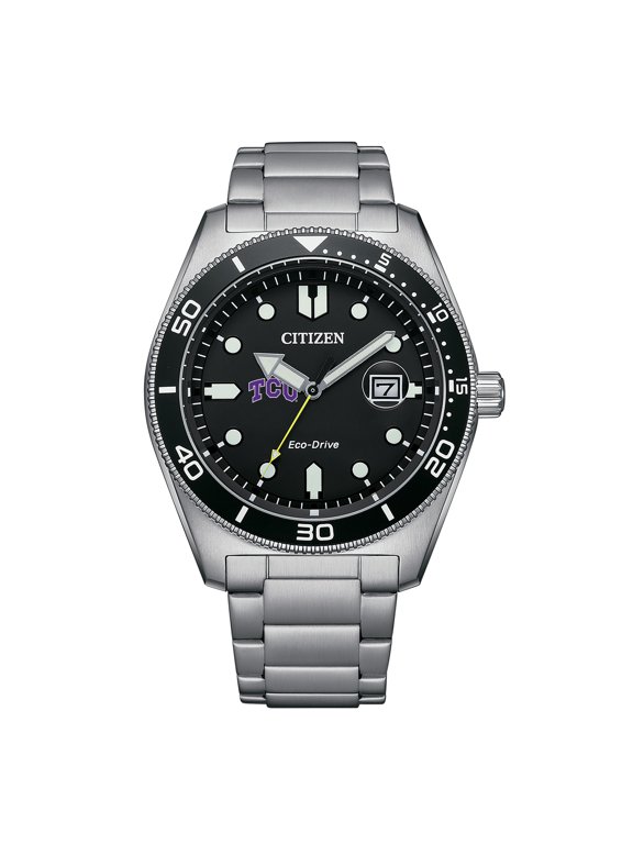 Men's Citizen Watch Silver TCU Horned Frogs Eco-Drive Sport Casual Stainless Black Dial Steel Watch