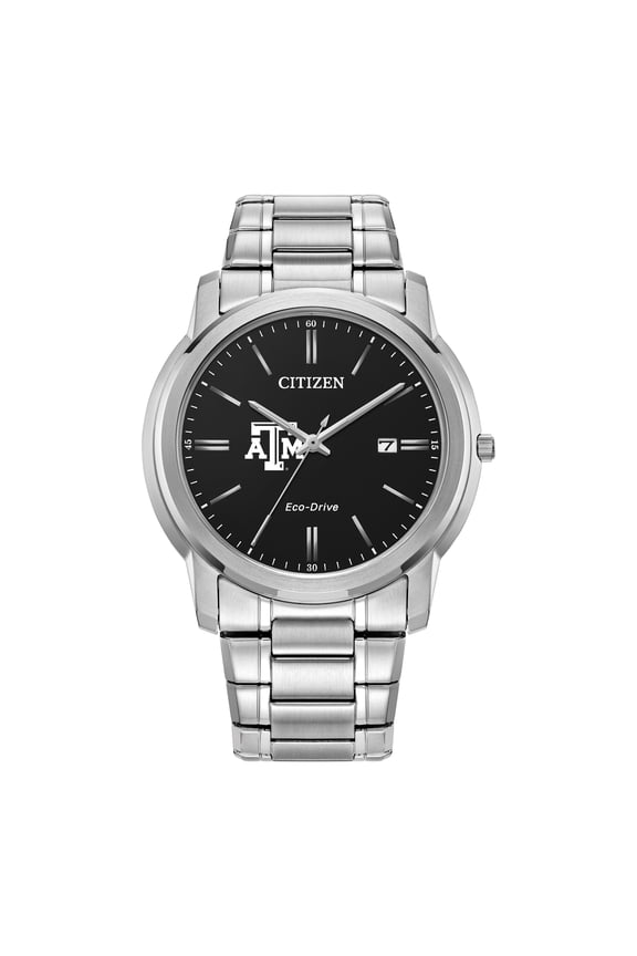 Men's Citizen Watch Silver Texas A&M Aggies Eco-Drive Black Dial Stainless Steel Watch