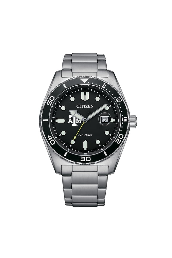 Men's Citizen Watch Silver Texas A&M Aggies Eco-Drive Sport Casual Stainless Black Dial Steel Watch