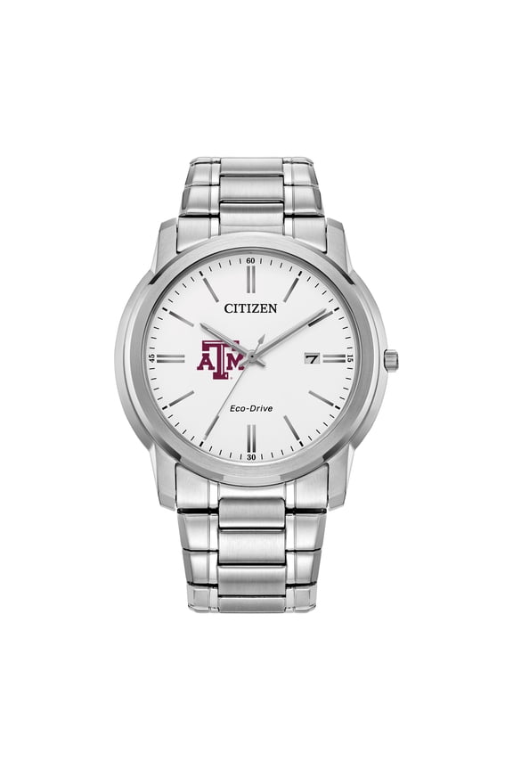 Men's Citizen Watch Silver Texas A&M Aggies Eco-Drive White Dial Stainless Steel Watch