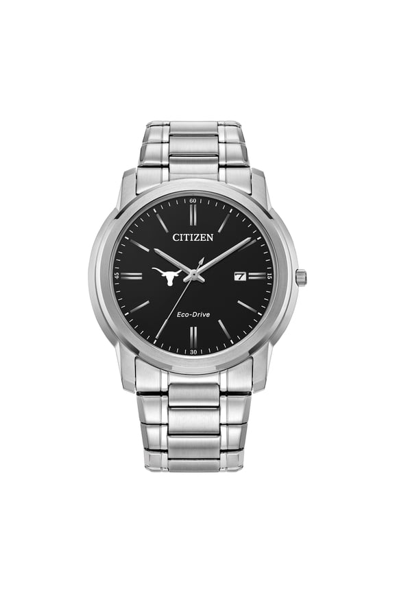 Men's Citizen Watch Silver Texas Longhorns Eco-Drive Black Dial Stainless Steel Watch