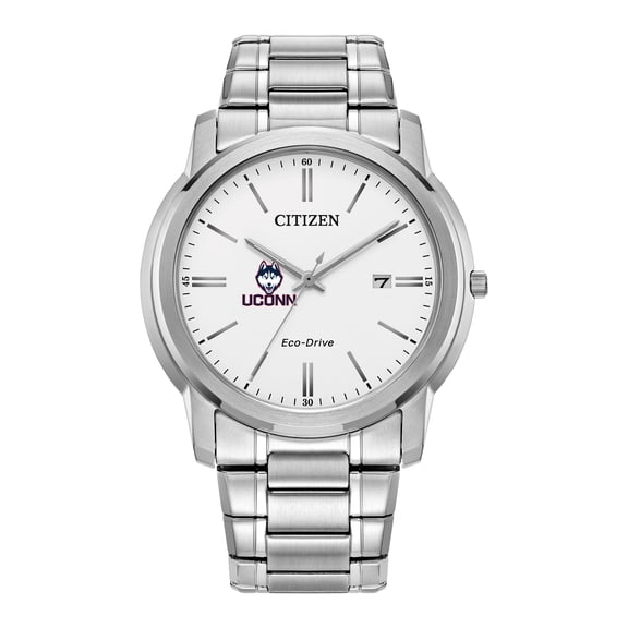 Men's Citizen Watch Silver UConn Huskies Eco-Drive White Dial Stainless Steel Watch