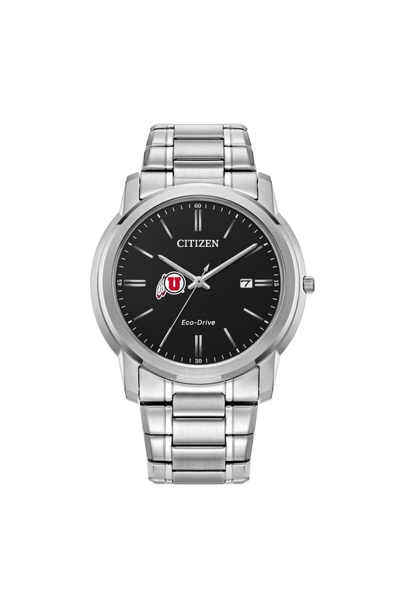 Men's Citizen Watch Silver Utah Utes Eco-Drive Black Dial Stainless Steel Watch