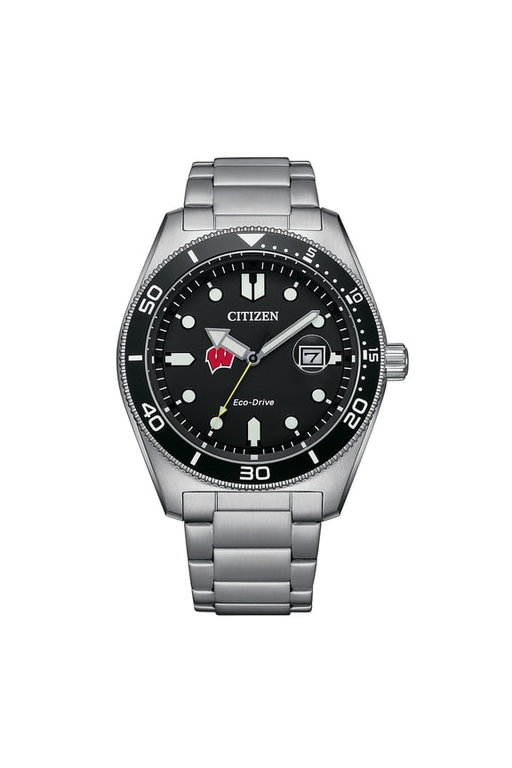 Men's Citizen Watch Silver Wisconsin Badgers Eco-Drive Sport Casual Stainless Black Dial Steel Watch